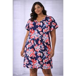 Isaac Mizrahi Live 1X Floral Shift Dress Navy V-Neck Casual Summer Plus Size